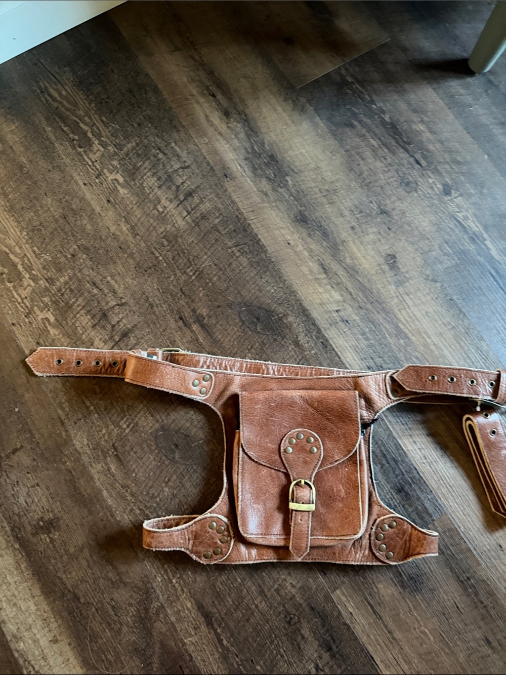 EARTHBOUND Tan Leather Waist Pack with Buckle and Stud Accents